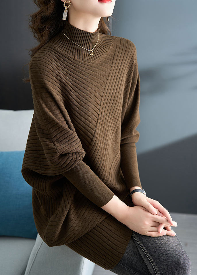 Plus Size Coffee Half Hign Neck Knit Sweaters Batwing Sleeve