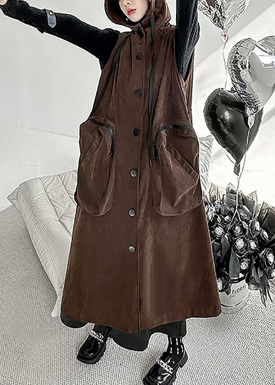 Plus Size Chocolate Hooded Big Pockets Cotton Long Vest Spring