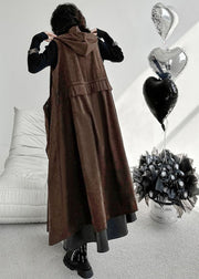 Plus Size Chocolate Hooded Big Pockets Cotton Long Vest Spring