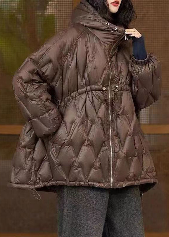 Plus Size Coffee Hooded Drawstring Patchwork Duck Down Coat Winter
