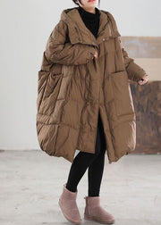 Plus Size Chocolate Hooded Oversized Big Pockets Duck Down Down Coats Winter