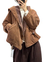Plus Size Chocolate Hooded Oversized Pockets Corduroy Coat Spring