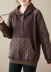 Plus Size Chocolate Hooded Patchwork Warm Fleece Pullover Streetwear Winter