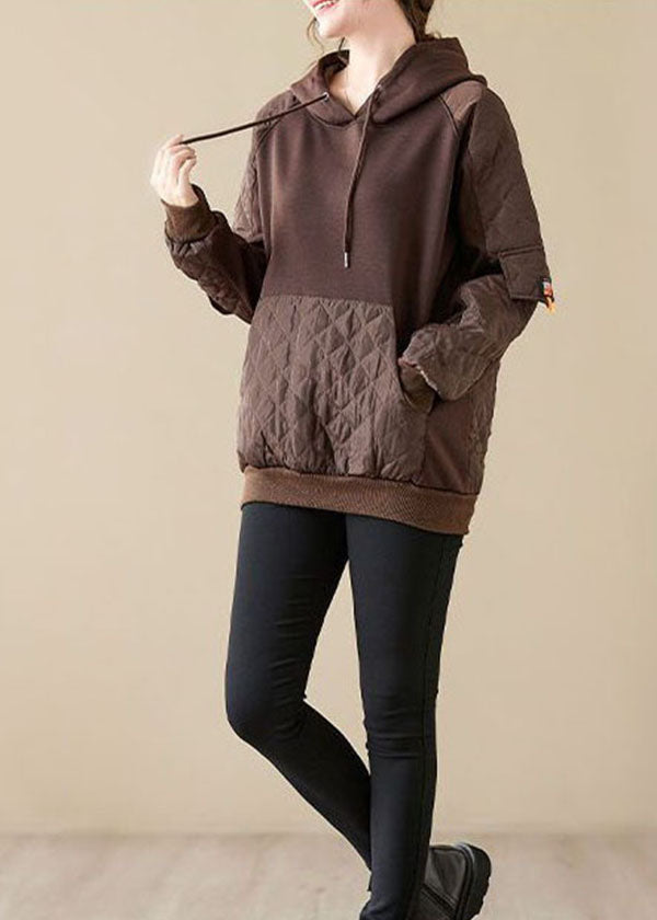 Plus Size Chocolate Hooded Patchwork Warm Fleece Pullover Streetwear Winter