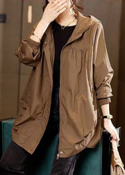 Plus Size Coffee Hooded Pockets Patchwork Cotton Coats Fall