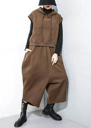 Plus Size Chocolate Hooded Warm Fleece Two Pieces Set Sleeveless waistcoat