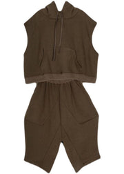 Plus Size Chocolate Hooded Warm Fleece Two Pieces Set Sleeveless waistcoat