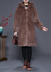 Plus Size Coffee Hooded Warm Mink Velvet Coat Outwear Winter