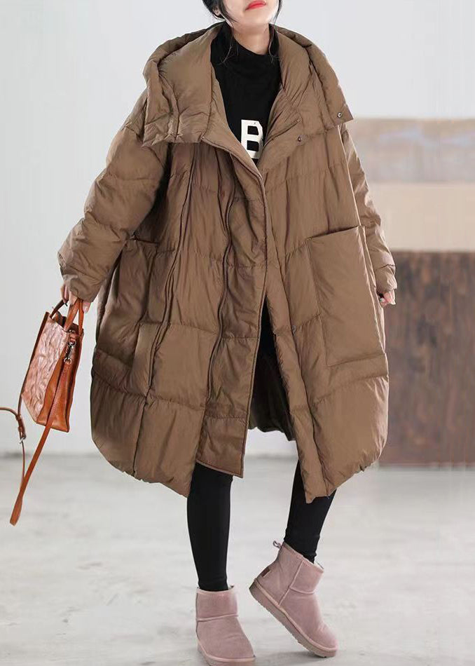 Plus Size Coffee Hooded Zippered Pockets Duck Down Coat Long Sleeve