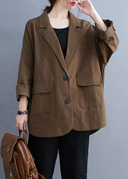 Plus Size Coffee Notched Button Pockets Cotton Coats Fall