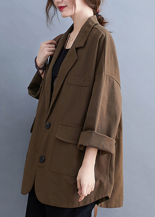 Plus Size Coffee Notched Button Pockets Cotton Coats Fall