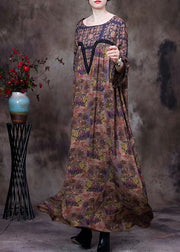 Plus Size Chocolate O-Neck Lace Patchwork Print Silk Long Dresses Long Sleeve