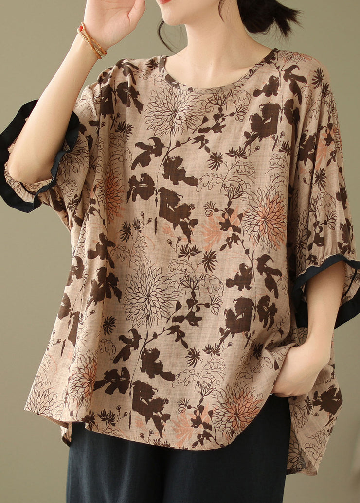 Plus Size Coffee O Neck Print Patchwork Cotton Top Summer