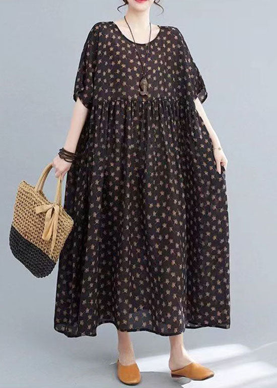 Plus Size Coffee O Neck Print Wrinkled Patchwork Cotton Long Dresses Summer