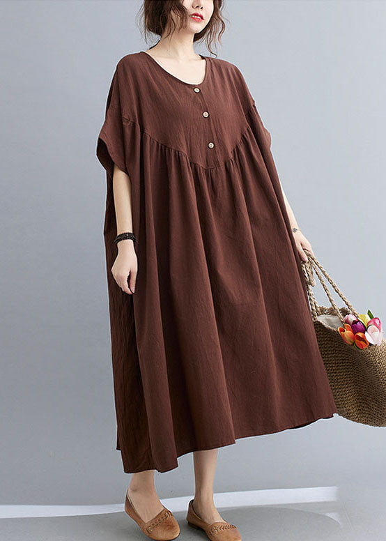 Plus Size Coffee O Neck Wrinkled Patchwork Cotton Long Dresses Short Sleeve