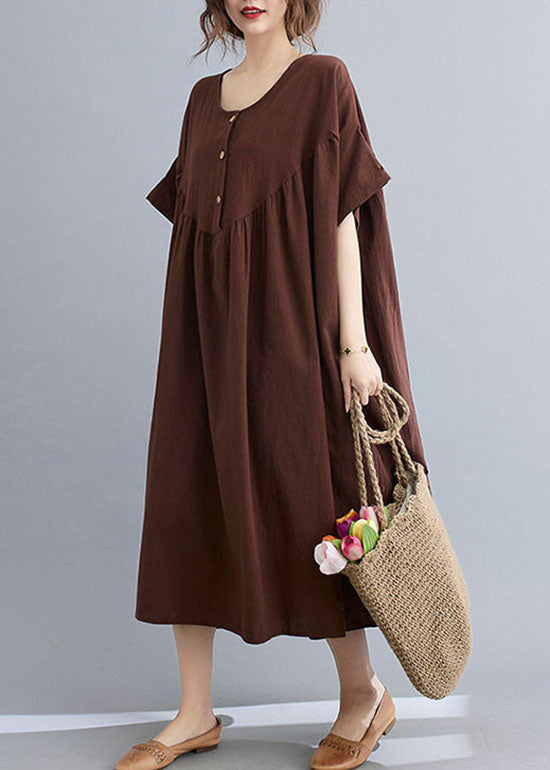 Plus Size Coffee O Neck Wrinkled Patchwork Cotton Long Dresses Short Sleeve