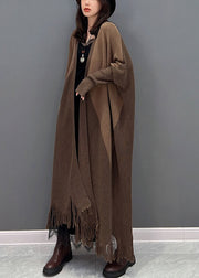 Plus Size Chocolate Oversized Patchwork Tassel Knit Cardigan Batwing Sleeve