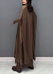 Plus Size Chocolate Oversized Patchwork Tassel Knit Cardigan Batwing Sleeve