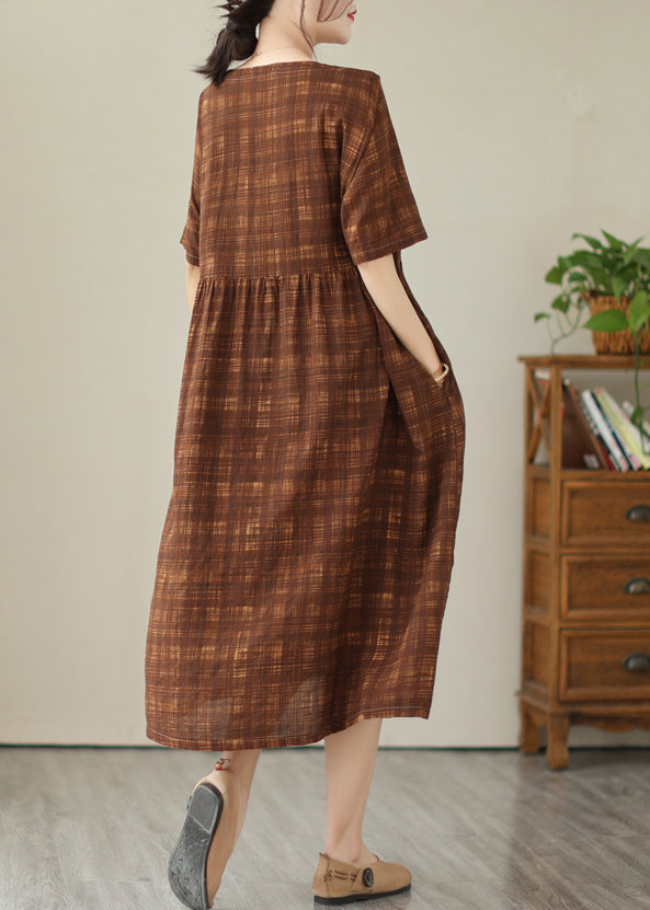 Plus Size Coffee Oversized Plaid Linen Holiday Dress Summer