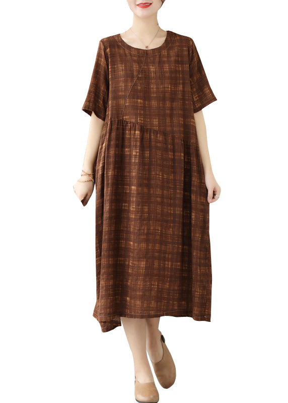 Plus Size Coffee Oversized Plaid Linen Holiday Dress Summer