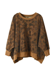 Plus Size Chocolate Patchwork Cotton Sweatshirt Top Batwing Sleeve