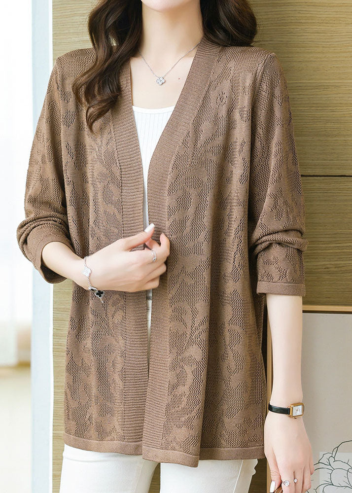 Plus Size Coffee Patchwork Solid Thin Knit Cardigan Long Sleeve