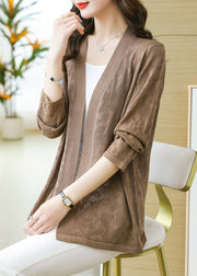 Plus Size Coffee Patchwork Solid Thin Knit Cardigan Long Sleeve