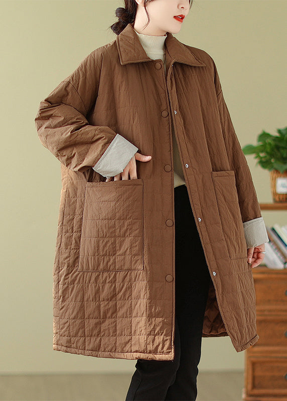 Plus Size Coffee Peter Pan Collar Pockets Fine Cotton Filled Coat Winter