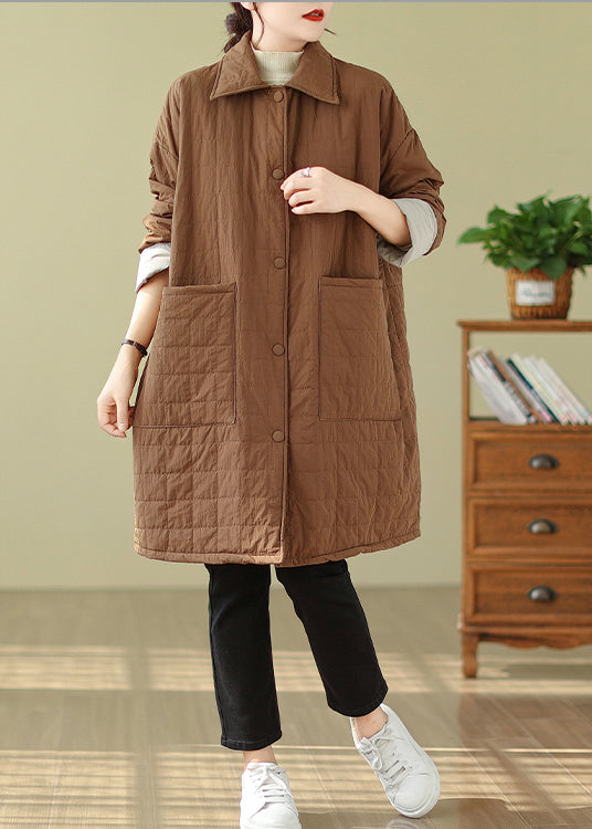 Plus Size Coffee Peter Pan Collar Pockets Fine Cotton Filled Coat Winter