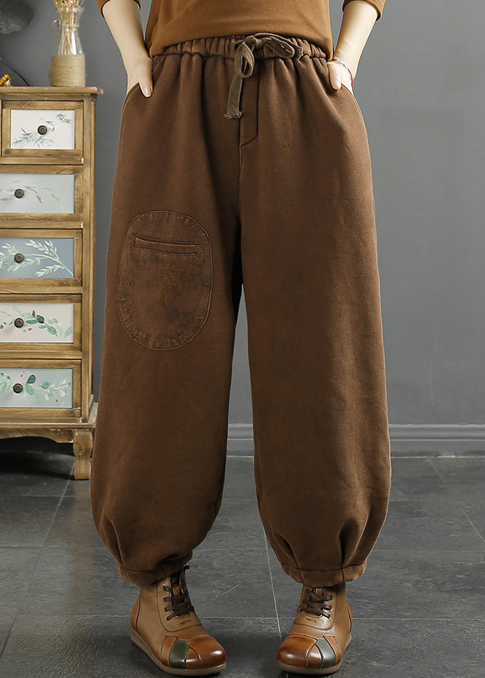 Plus Size Coffee Pockets Elastic Waist Thick Warm Fleece Pants Winter