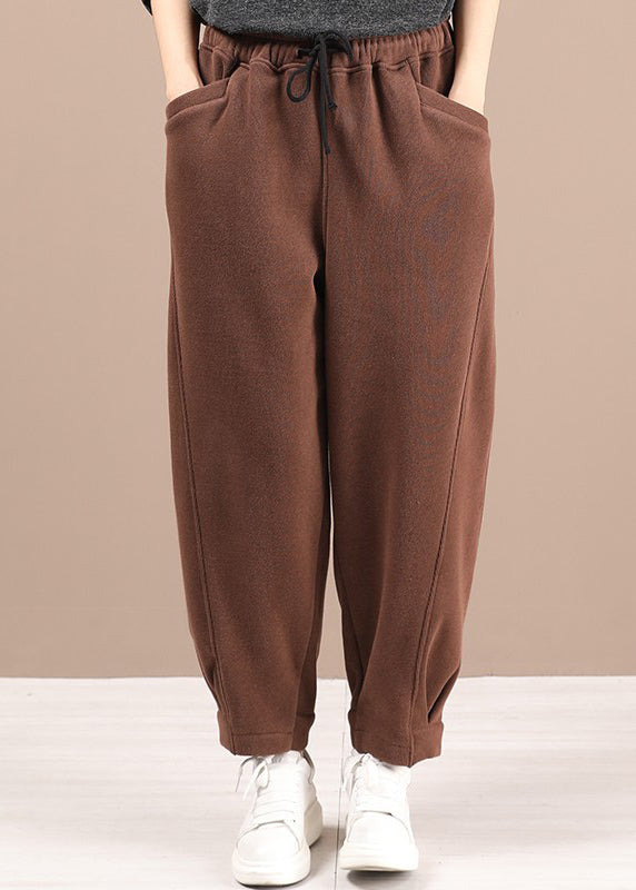 Plus Size Coffee Pockets Elastic Waist Warm Fleece Pants Winter