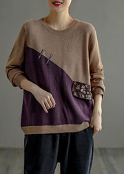 Plus Size Chocolate Purple O-Neck Patchwork Knit Sweater Top Long Sleeve