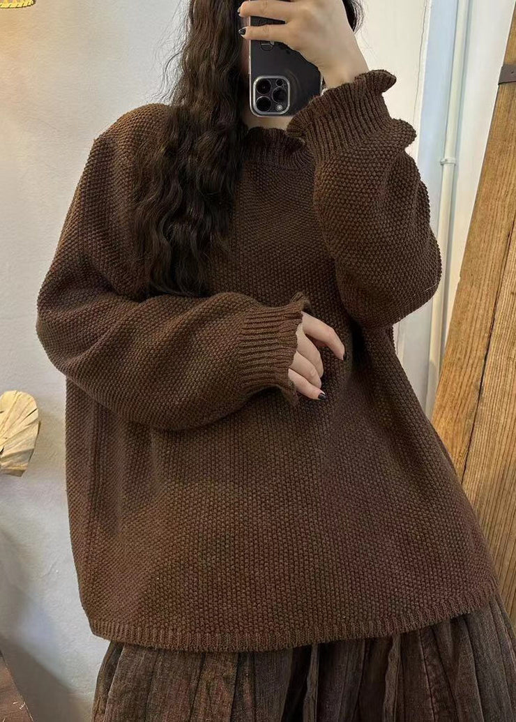 Plus Size Chocolate Ruffled Oversized Thick Knit Sweater Winter