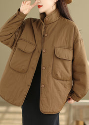 Plus Size Coffee Stand Collar Pockets Fine Cotton Filled Jackets Winter