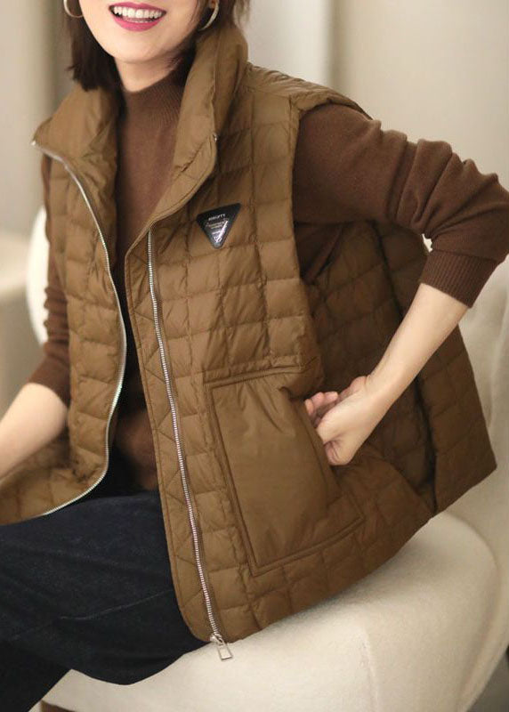 Plus Size Chocolate Stand Collar Zip Up Duck Down Puffers Vests Winter
