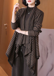 Plus Size Coffee Striped Asymmetrical Cotton Knit Cardigan Spring