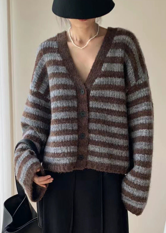 Plus Size Coffee Striped Button Knit Knit Cardigans Coats Fall