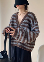 Plus Size Coffee Striped Button Knit Knit Cardigans Coats Fall