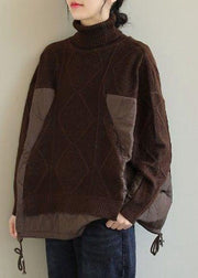 Plus Size Chocolate Turtle Neck Patchwork Knit Pullover Winter