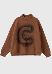 Plus Size Coffee Turtleneck Alphabet Print Thick Cotton Knit Sweaters Long Sleeve