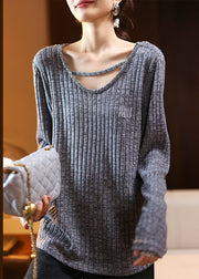 Plus Size Coffee V Neck Nail Bead Patchwork Knit Top Spring