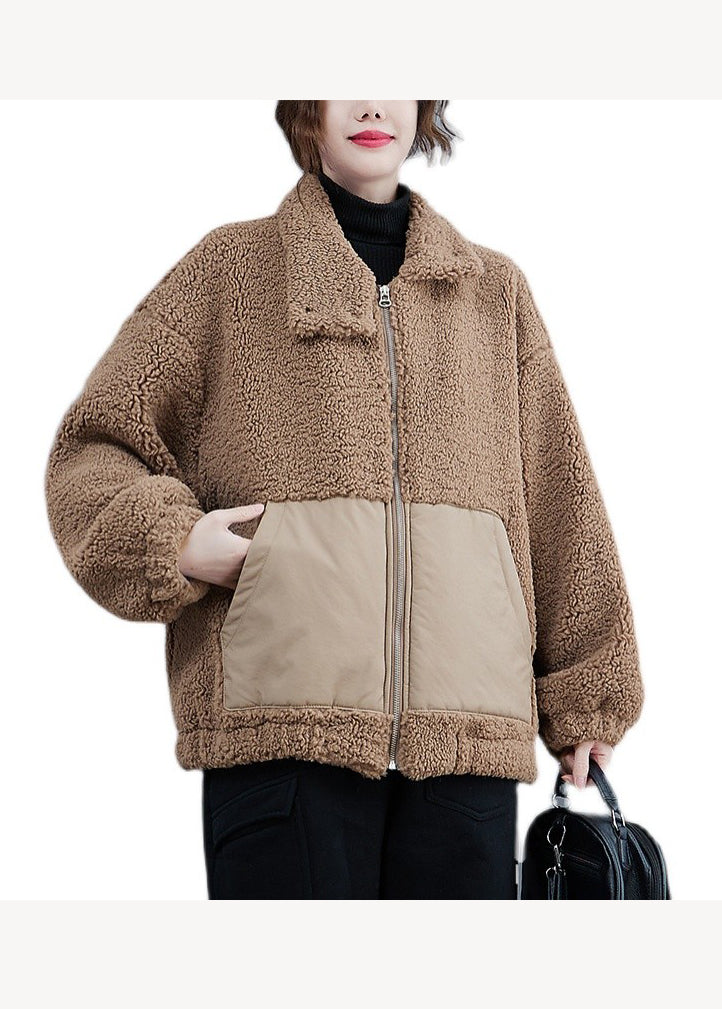 Plus Size Coffee Zippered Pockets Patchwork Faux Fur Jacket Winter