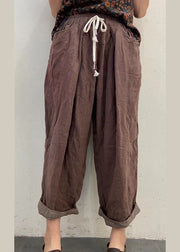Plus Size Chocolate elastic waist drawstring Pockets Linen Pants Spring