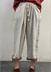 Plus Size Chocolate elastic waist drawstring Pockets Linen Pants Spring