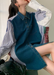 Plus Size Colorblock Denim Patchwork Striped Print Cotton Shirt Dresses Spring