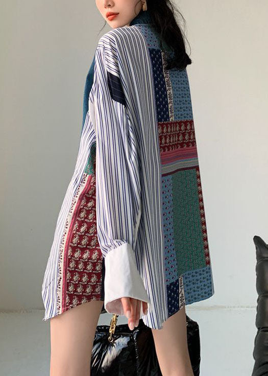 Plus Size Colorblock Denim Patchwork Striped Print Cotton Shirt Dresses Spring