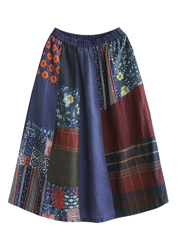 Plus Size Colorblock Elastic Waist Patchwork Print Linen Skirts Summer