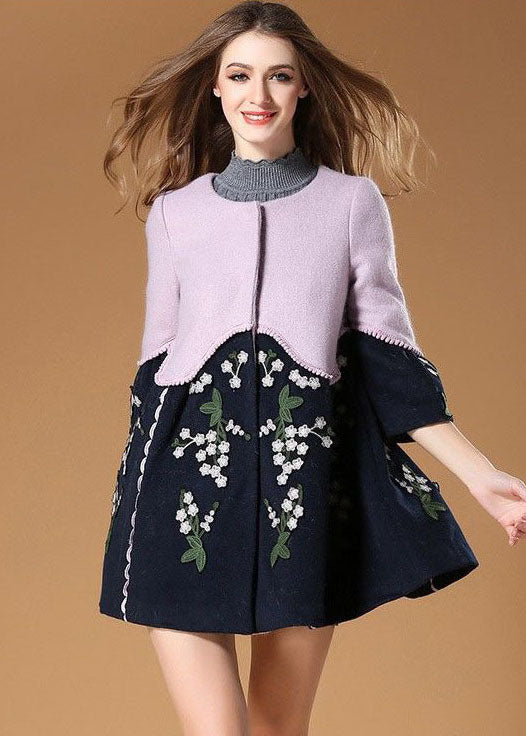 Plus Size Colorblock O-Neck Embroidered Patchwork Woolen Trench Spring