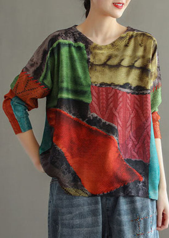 Plus Size Colorblock O-Neck Print Knit tops Long Sleeve
