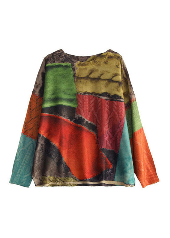 Plus Size Colorblock O-Neck Print Knit tops Long Sleeve